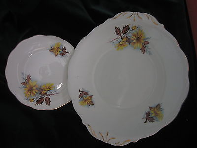 QUEEN ANNE BONE CHINA CAKE PLATE & SIDE PLATE FLORAL YELLOW BROWN BLUE