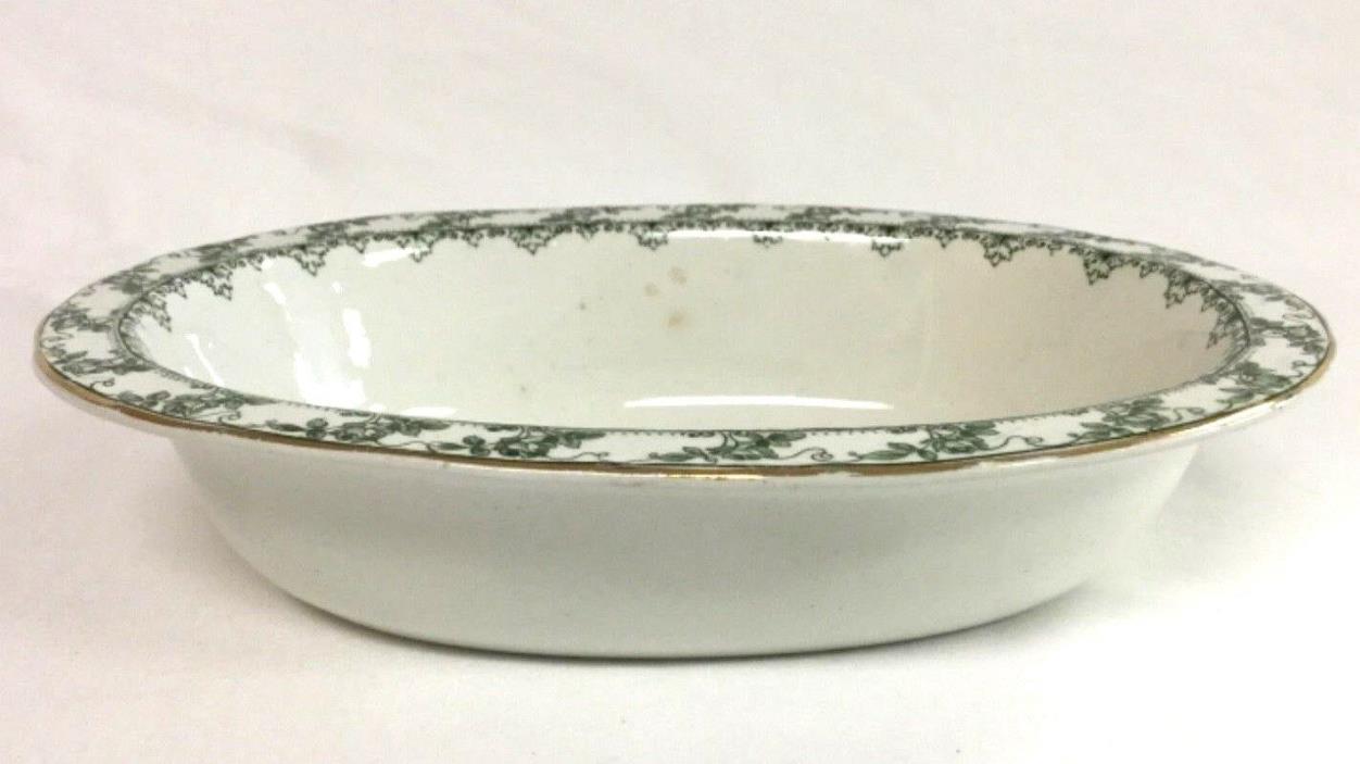 Furnvivals 9” Antique Bowl White w/ Green Roses & Gold Rim Oval Serving Dish