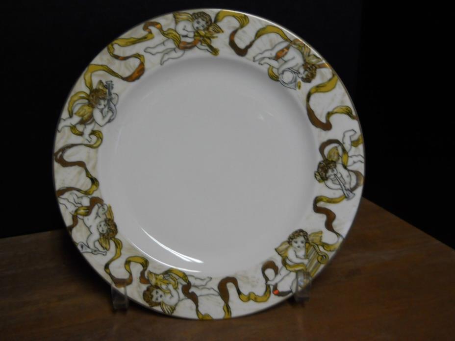 Dinner Plate American Atelier Heavenly Host Pattern Cherubs Ribbon Gold On White