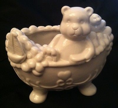 Cute Porcelain Bear taking a Bubble bath with his Rubber Ducky cottonball holder