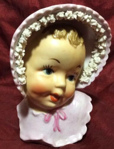 Vintage Ucagco Head Vase Baby Girl Lavender Bonnet with White Floweretts 6