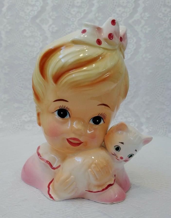 Vintage 1960’s ENESCO Head Vase: Little Blonde Girl Holding a Kitten
