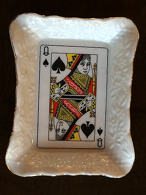 Vintage Queen of Spades Card White Porcelain Candy Trinket Nut Dish Ashtray