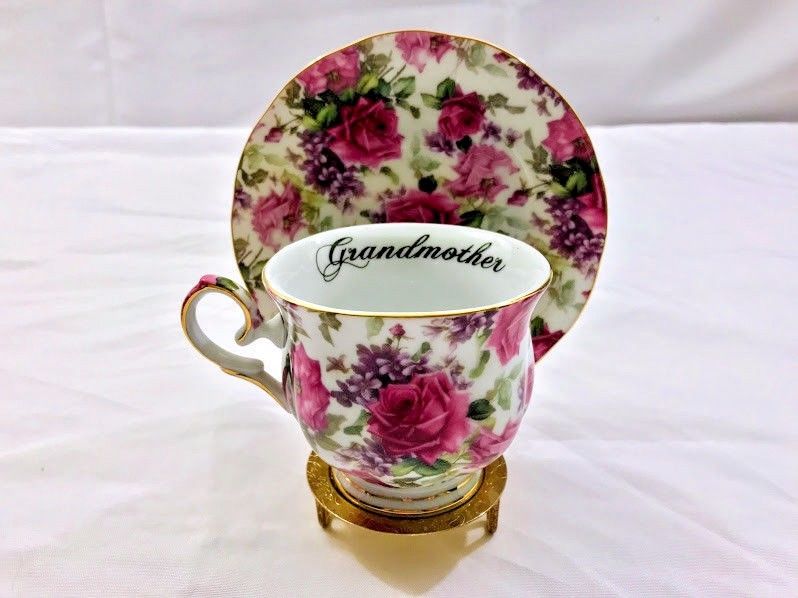 Victoria's Tea Room Grandmother Gift Tea Cup and Saucer Set Purple Roses & Stand