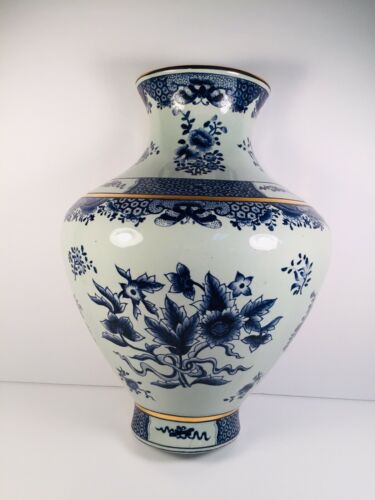 Vintage Large Porcelain Blue White Gold  Half Urn Wall Pocket Vase Floral