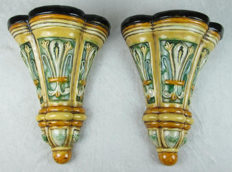 Antique Pair 2 Italian Majolica Wall Pocket Sconces Vase Pottery 12inH Italy