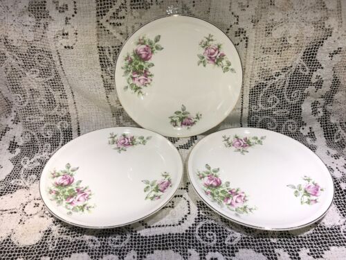 3 Paden City Dinner Plates 9 3/8” Smooth Gold Rim Shabby Chic Pink Roses