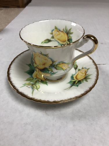 Vtg. Paragon Yellow Rose Floral Tea Cup and Saucer Gold Trim Signed