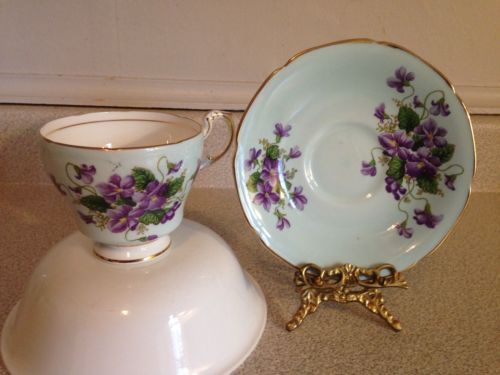Vintage PARAGON Tea Cup & Saucer 42766/1, Teal With Pretty Purple Violets