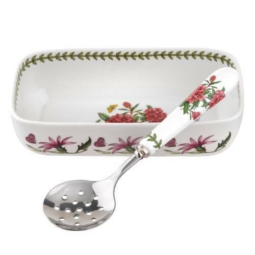 Portmeirion Botanic Garden Cranberry Dish & Slotted Spoon ~ Lovely Rhododendron