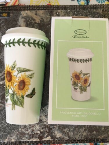 Portmeirion Sunflower Ceramic Travel Cup/Mug Silicone Lid 15 oz. NEW IN BOX