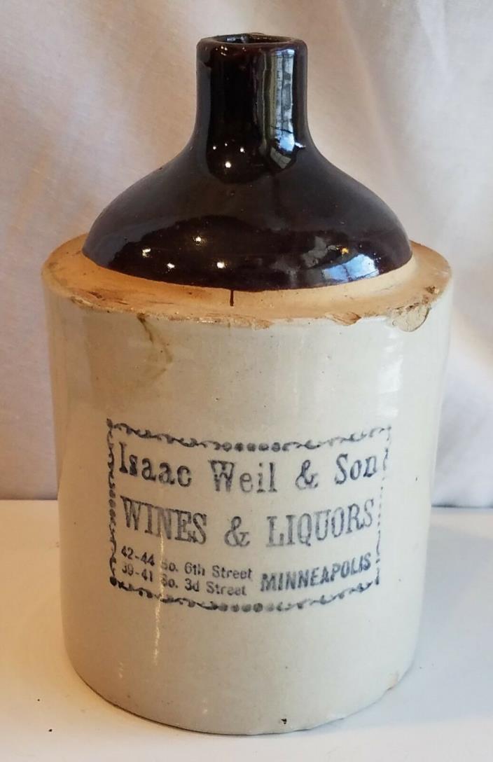 ADVERTISING STONEWARE JUG Minneapolis Wines & Liquors Isaac Weil Son Antique Old