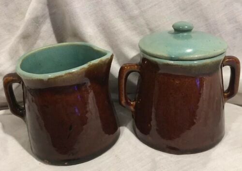 Red Wing Stoneware Glazed Village Green Sugar Bowl w/Lid & Coffee Creamer 1950’s