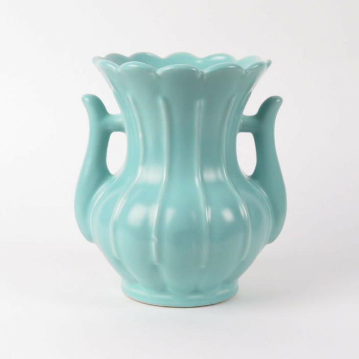 Rumrill pottery vase vtg Art Deco 1930s Red Wing aqua blue green ribbed handles