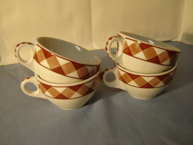 4 Vintage Jackson China Brown Plaid Pattern Coffee Cups