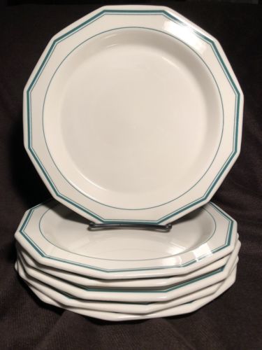 6 Sterling China MEDALLION 12-Sided Restaurant Ware GREEN LINE 9 1/2” Plates