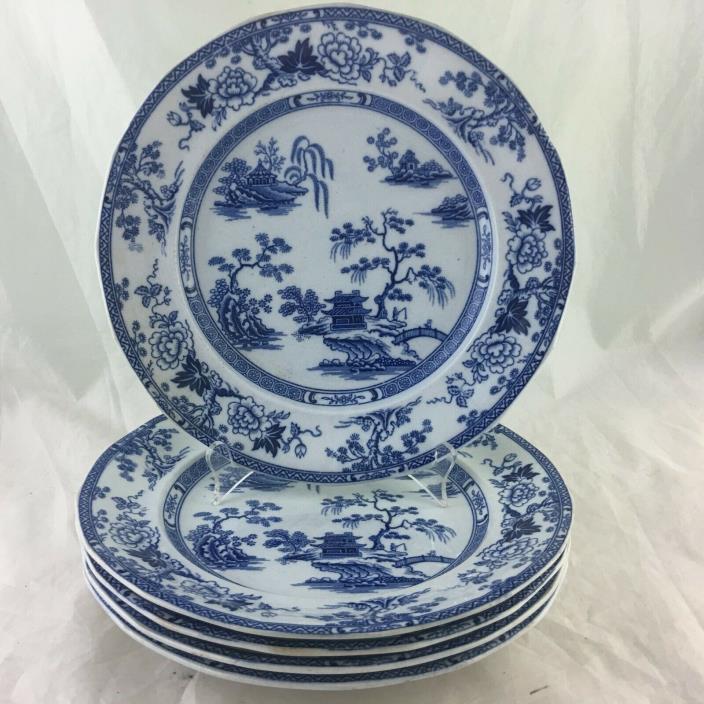 ANTIQUE RIDGWAY DINNER PLATE CHARGER BLUE WILLOW PENANG SET 5 ENGLAND ASIAN