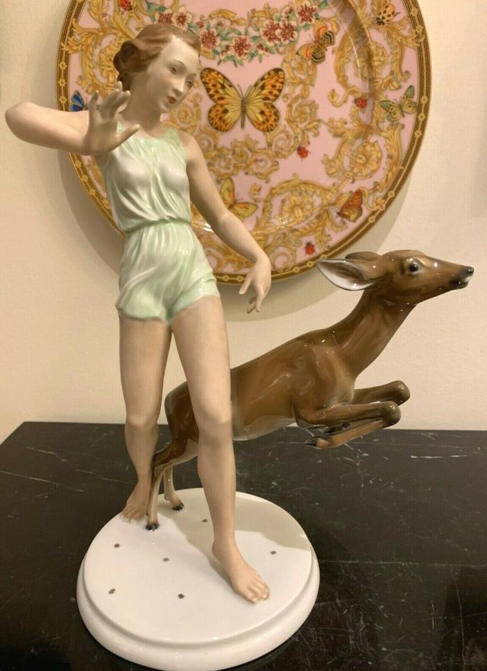 Rosenthal Kunstabteilung Selb Handgemalt Running with Deer Porcelain Figurine