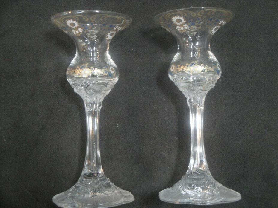 2 ROSENTHAL CRYSTAL CLASSIC ROSE CANDLESTICKS - BLUE GOLD WHITE FLOWERS - 6.25