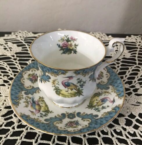 Tea Cup & Saucer Rosina Queen's Fine Bone China Teal With Birds