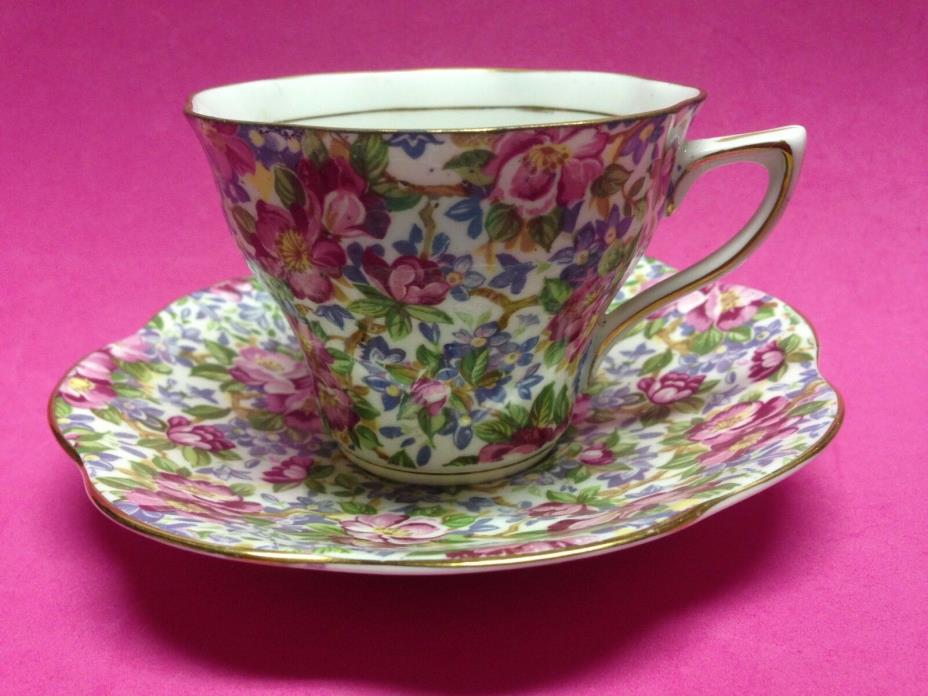 Rosina Queens 5025A Chintz China Footed Cup and Saucer Double Gold Trim England