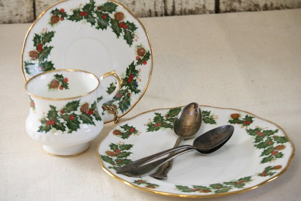 Rosina Queens Yuletide Tea Cup and Saucer Salad Plate Holly Berries Pine Cones