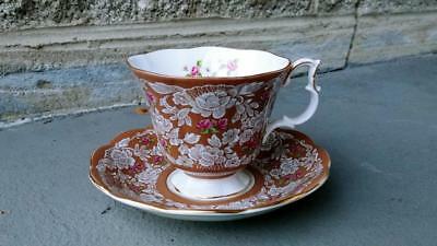 VTG Royal Albert True Love Brown Footed Cup & Saucer Set White Lace Red Roses