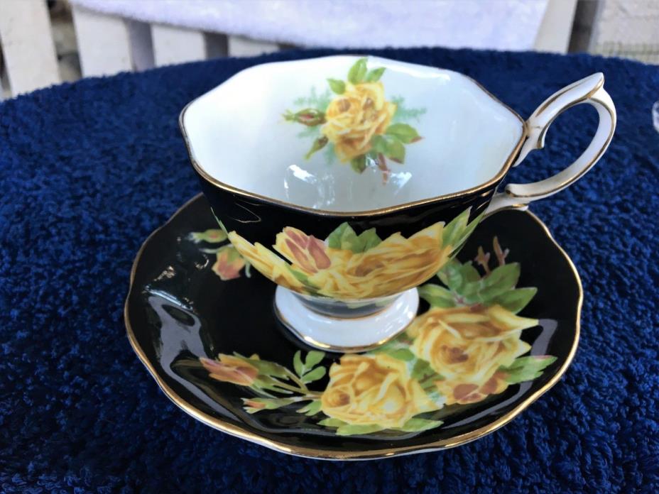 Delightful Royal Albert Black/Yellow Rose Bone China Cup and Saucer~England