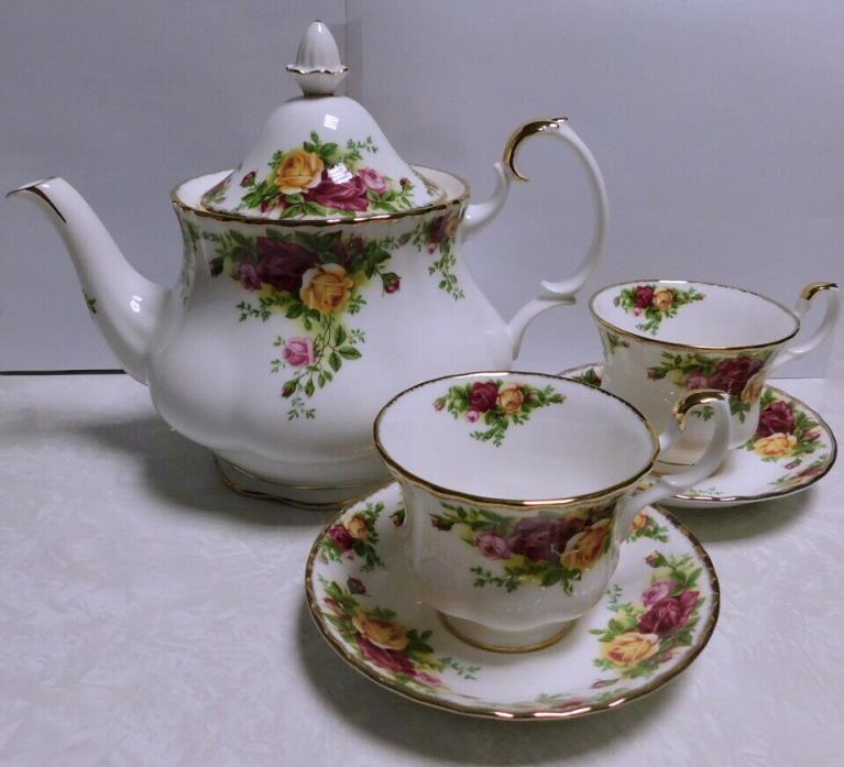 Royal Albert Old Country Roses Large Teapot England + 2 Cups Saucers