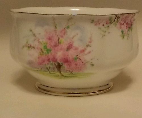 Royal Albert Crown china open sugar bowl/dish Blossom Time white/green/pink/gold