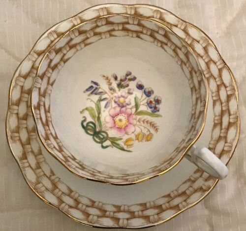 Royal Albert Vintage Hand Painted Flowers & Basket Trim Tea Cup & Saucer Set AH