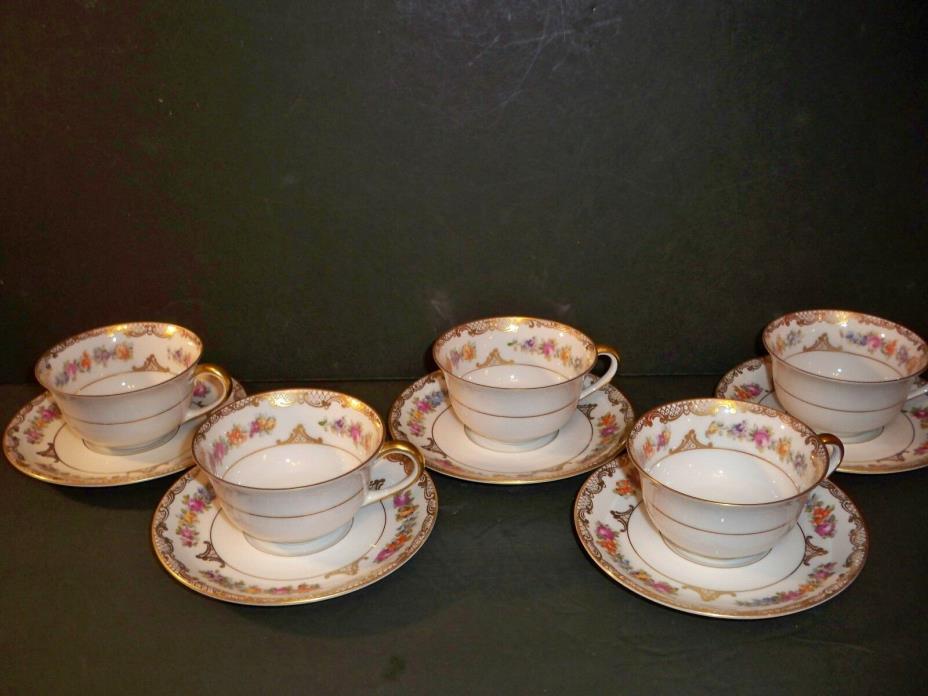 5  ROYAL BAYREUTH ROB41 CUP AND SAUCER SETS FLORAL WITH GOLDTONE ACCENTS