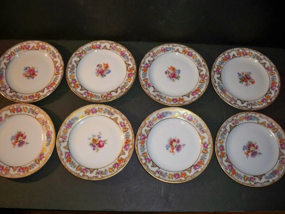 8 ROYAL BAYREUTH ROB41 BREAD AND BUTTER PLATES  FLORAL WITH GOLDTONE ACCENTS