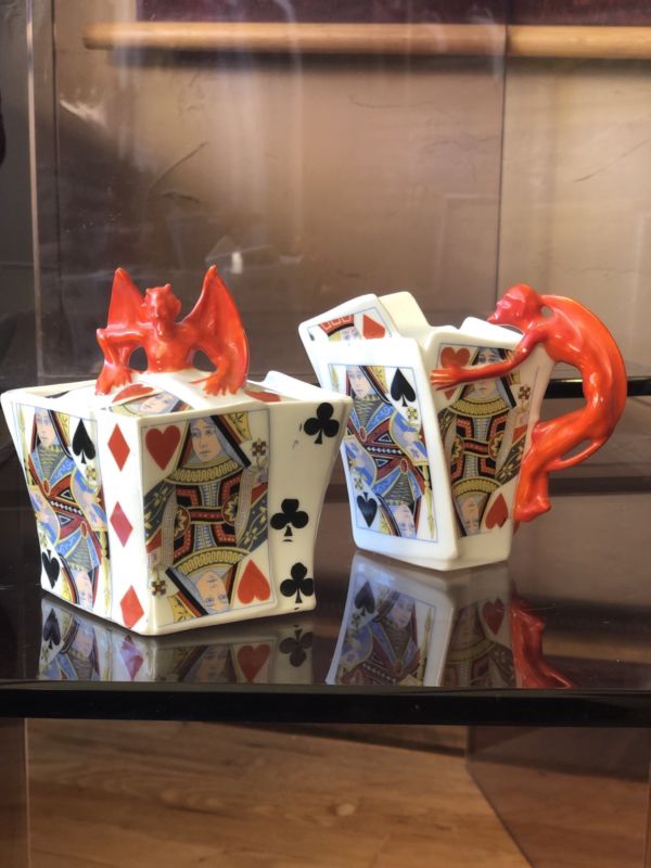 Royal Bayreuth Red Devil & Playing Cards Creamer & Sugar Set