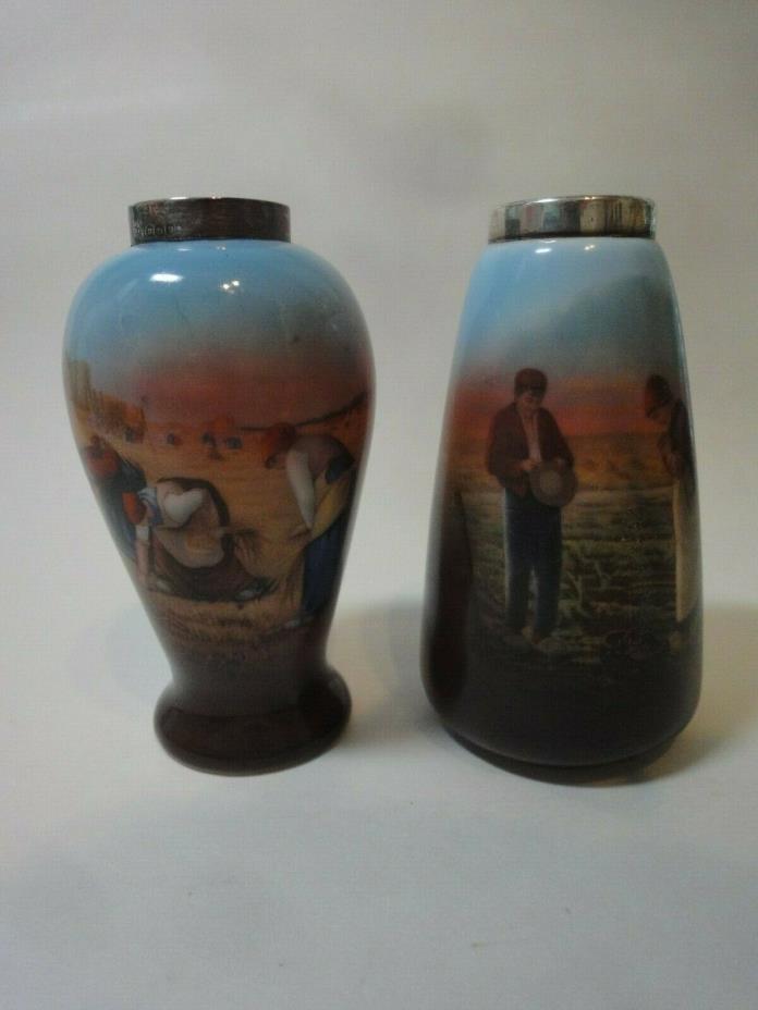Vintage Pair Royal Bayreuth hand painted Vases with sterling silver collar,