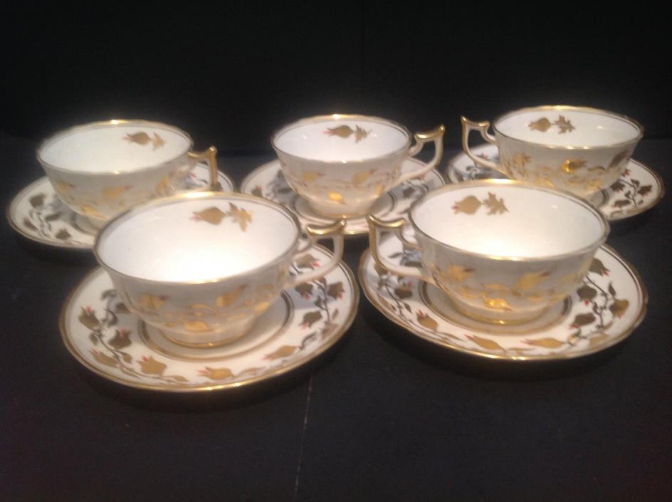 5 SETS CUPS AND SAUCERS by ROYAL  CHELSEA GOLD LEAVES FLOWERS RED TIPS