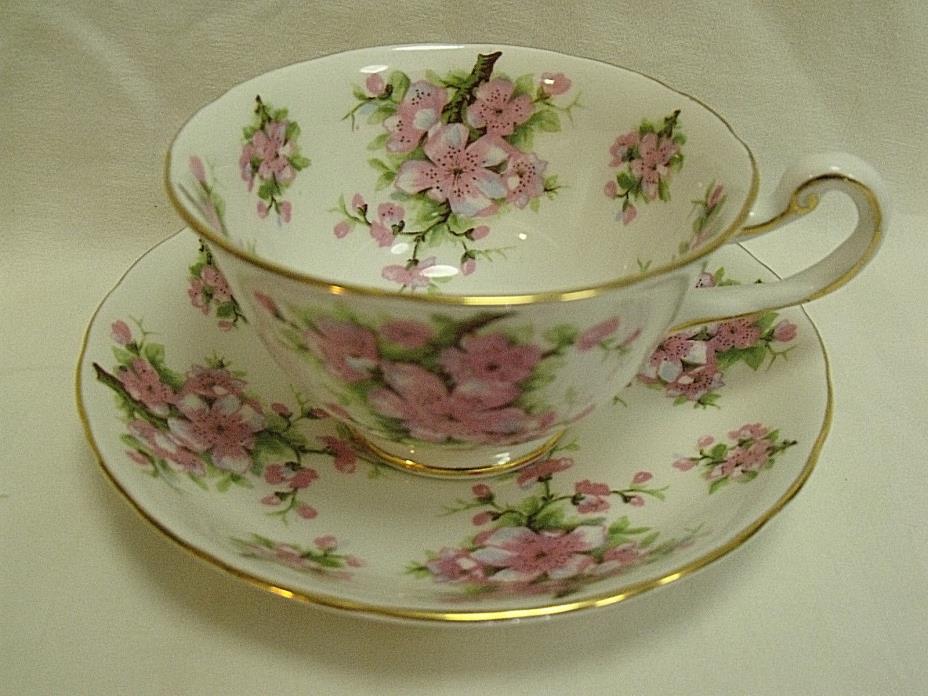 Royal Chelsea ~ Teacup & Saucer ~ Pink Peach Blossoms #4289A Scalloped Gilt Trim