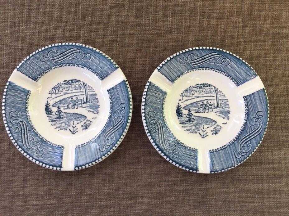 Pair of Vintage Currier And Ives Royal China Blue and White Central Park Ashtray