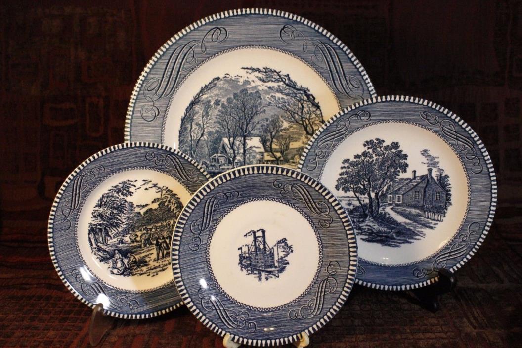 8 Pieces! Setting for 2 - Currier & Ives Blue & White Plates Dinner Lunch Bread