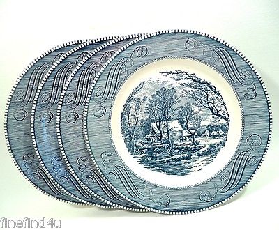 Blue (Willow) by Royal China Jeannette Currier & Ives USA China 4 Dinner Plates