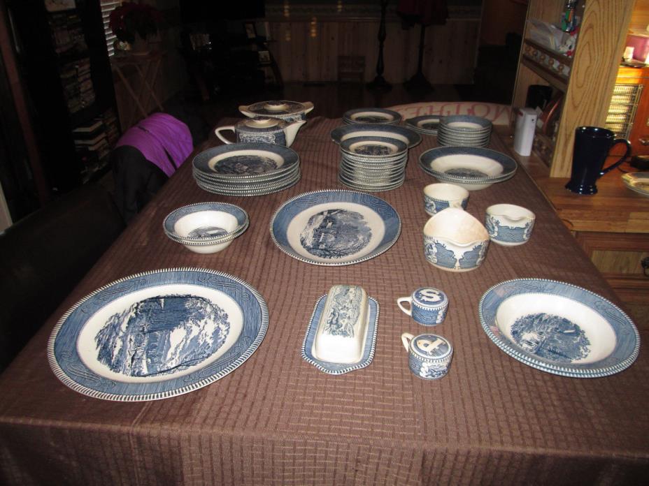 Vintage Currier & Ives Blue White Royal China Dishes The Old Grist Mill 50 pieac