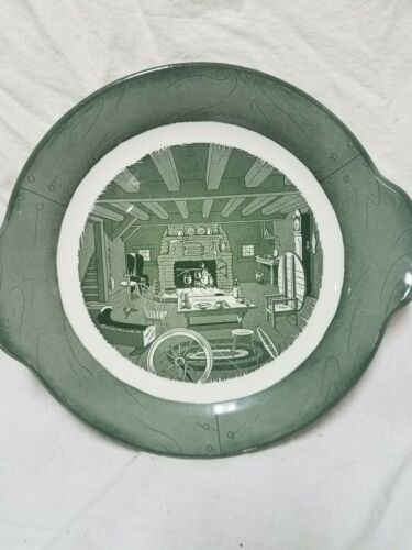 VINTAGE Green Colonial Homestead by Royal China HANDLED CAKE OR SERVING PLATE