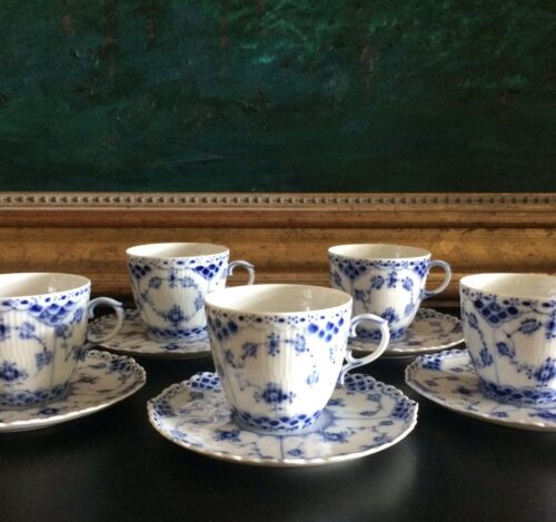 5 Royal Copenhagen Blue Fluted Full Lace Cups And Saucers 1035 •1st Quality