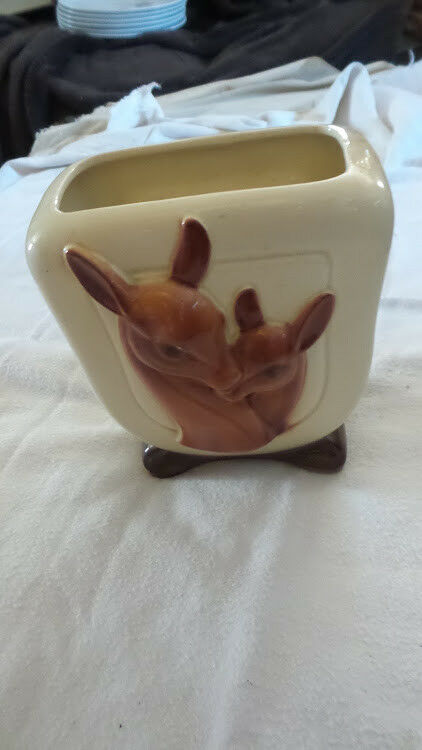 Vintage Royal Copley Deer and Fawn Small Pedestal Vase Fawn Colored
