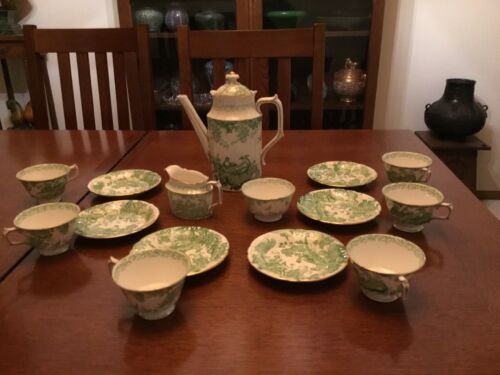 Set Royal Crown Derby Green Aves Birds Coffee Pot, 6 Tea Cups&Saucers, C&Sugar