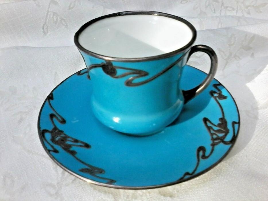 Antique Royal Doulton Porcelain Mini Tea Cup And Saucer with Sterling Silver