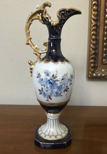 Antique Royal Dux Bohemian Porcelain Blue w Gold Floral Ewer/Urn/Pitcher 12”