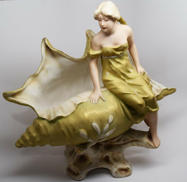 Royal Dux Bohemia Porcelain Art Nouveau Victorian Lady Centerpiece Czech Shell