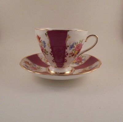 Royal Stafford Footed Cup & Saucer Red & White Panels & Floral Bouquet