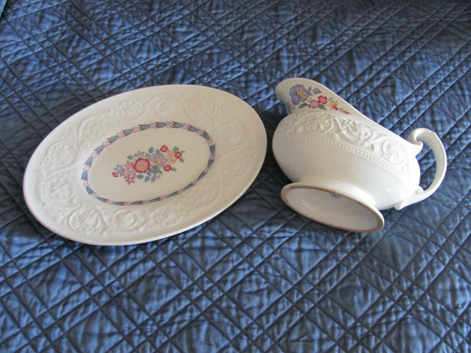 Preowned Wedgwood Patrician Morning Glory china gravy boat and plate